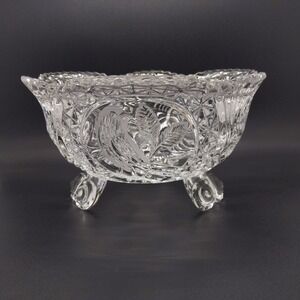 vtg Hofbauer Footed Lead‎ Crystal Bowl Dish Etched Birds Saw Tooth 7.5"